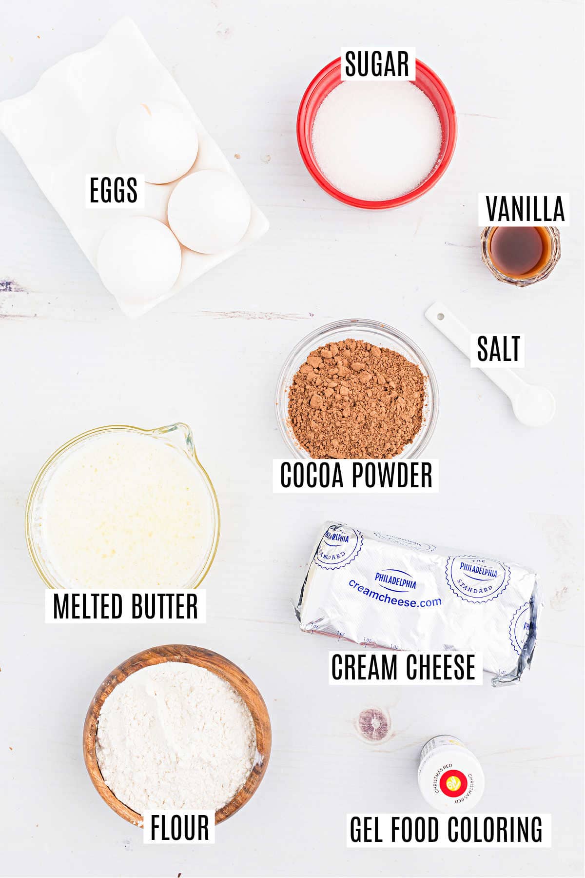 Ingredients needed to make red velvet cheesecake brownies.