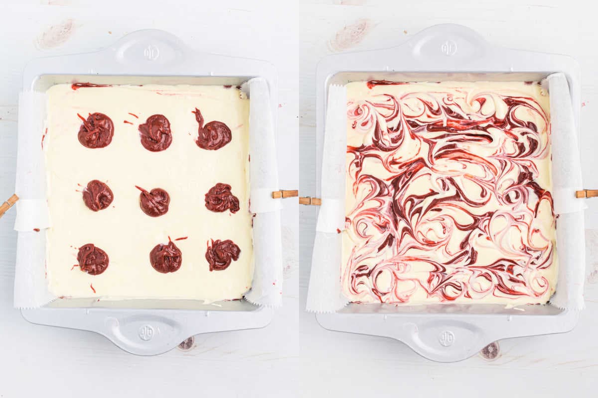 Step by step photos showing how to layer cheesecake brownies with red velvet.