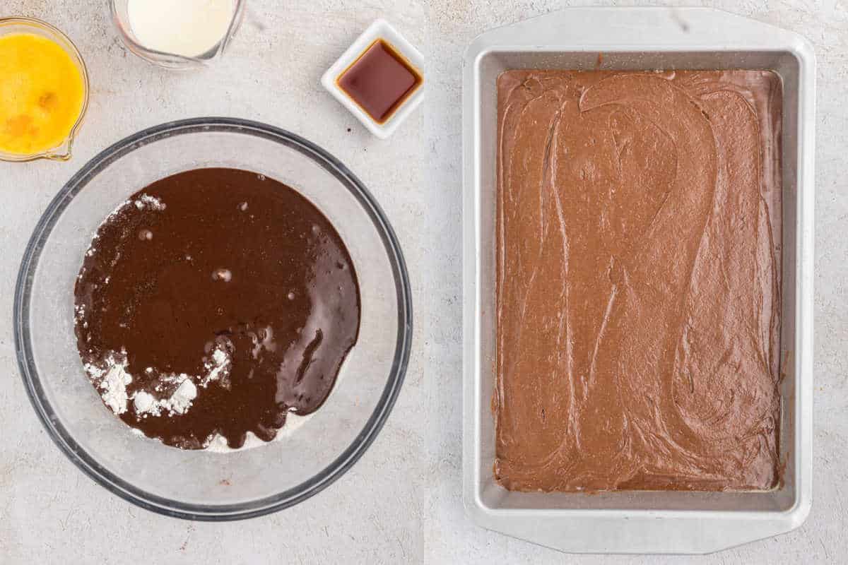 Step by step photos showing how to make coca cola cake batter.