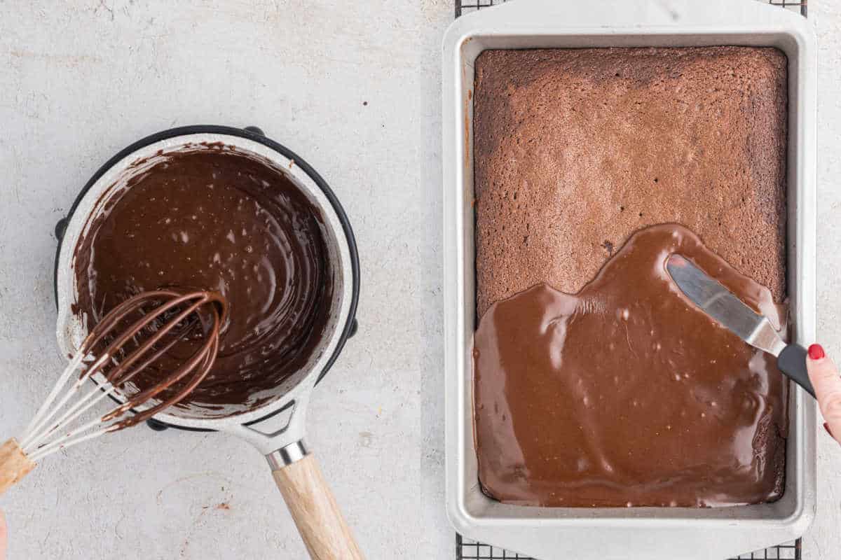 Step by step photos showing how to frost a coca cola cake.