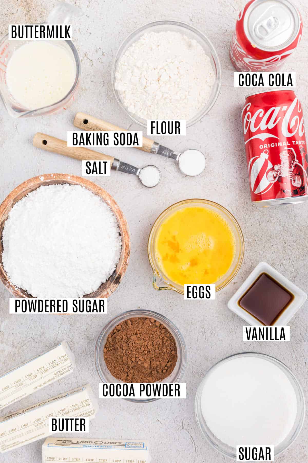 Ingredients needed to make Coca cola cake.