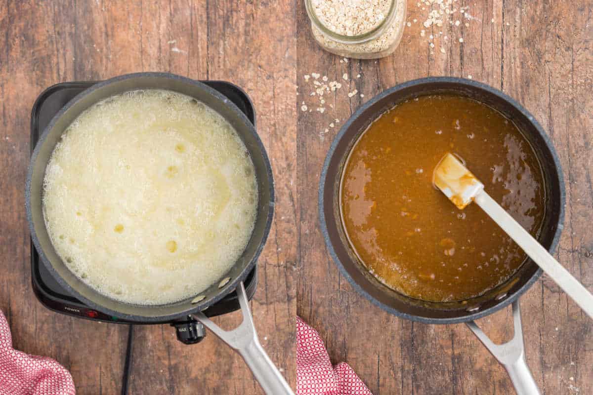 Step by step photos showing how to make biscoff cookie mixture.