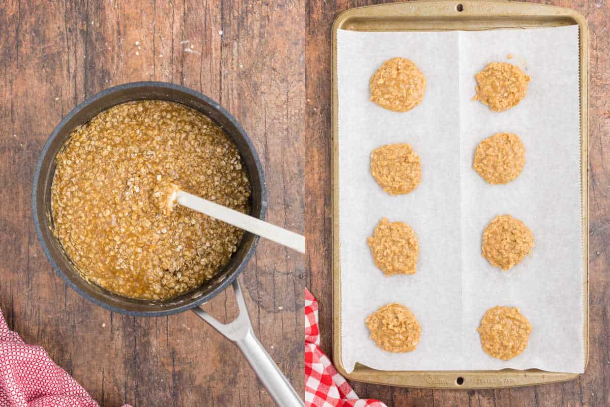 Step by step photos showing how to make no bake cookies with biscoff.