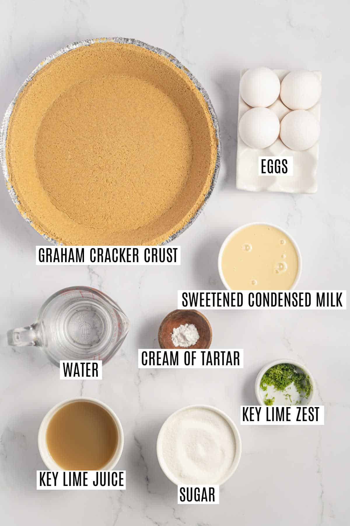 Ingredients needed to make key lime meringue pie.