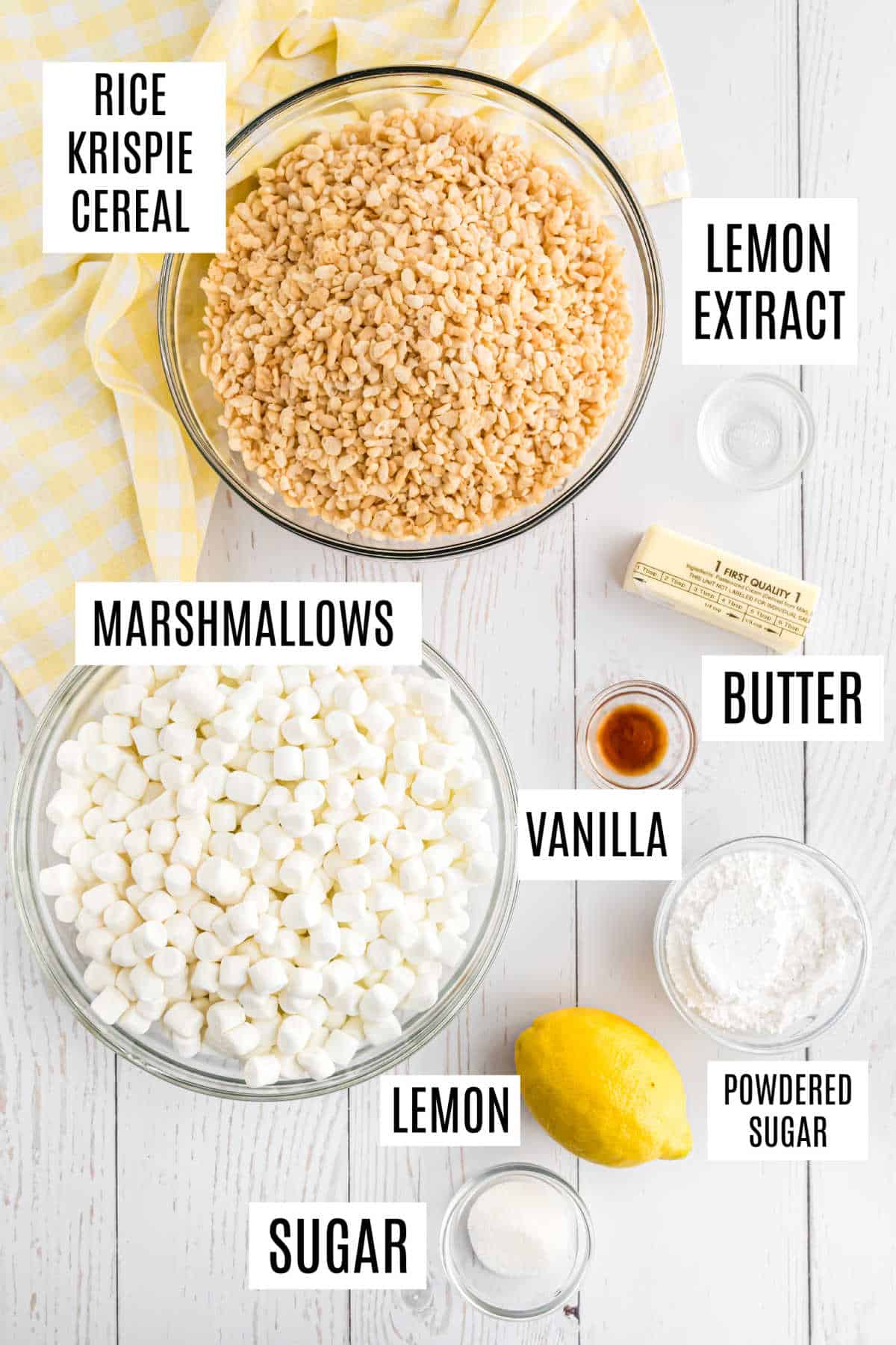 Ingredients needed to make lemon rice krispie treats.
