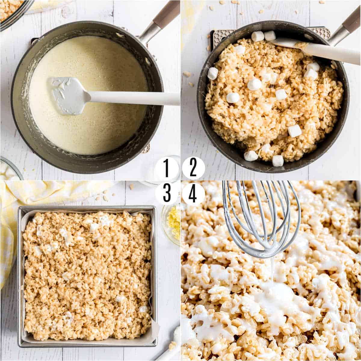 Step by step photos showing how to make lemon rice krispie treats.
