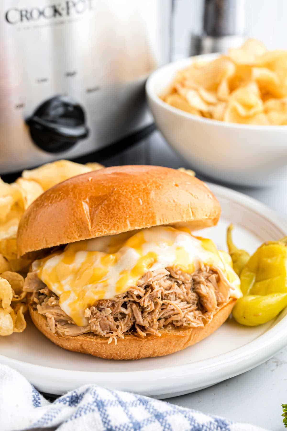 Shredded chicken with cheese on a bun.