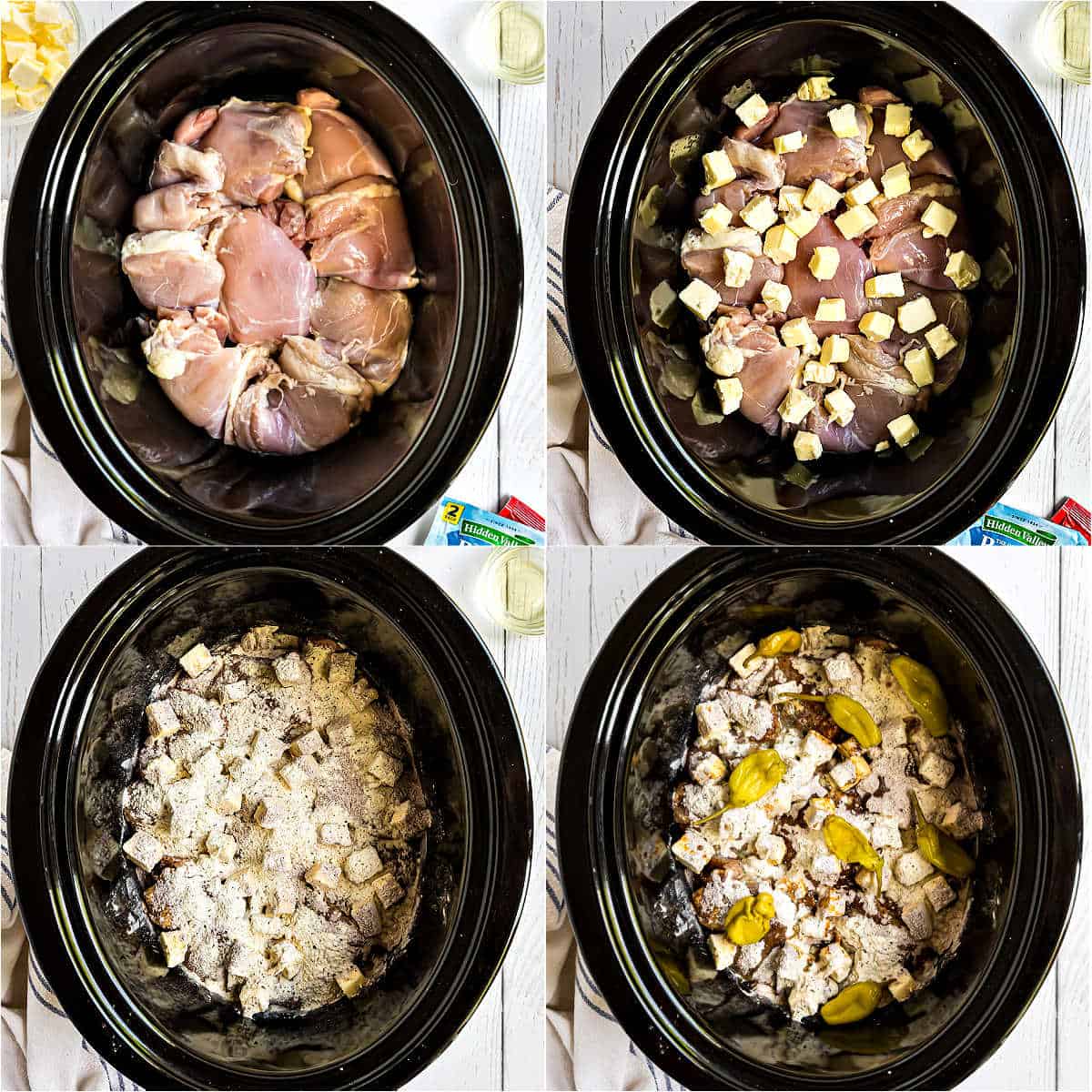 Step by step photos showing how to make mississippi chicken in crock pot.