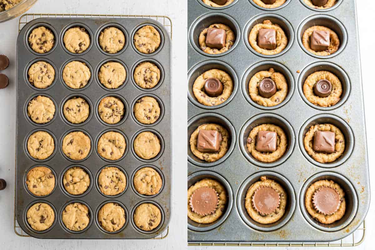 Step by step photos showing how to make cookie cups pressed with candy.