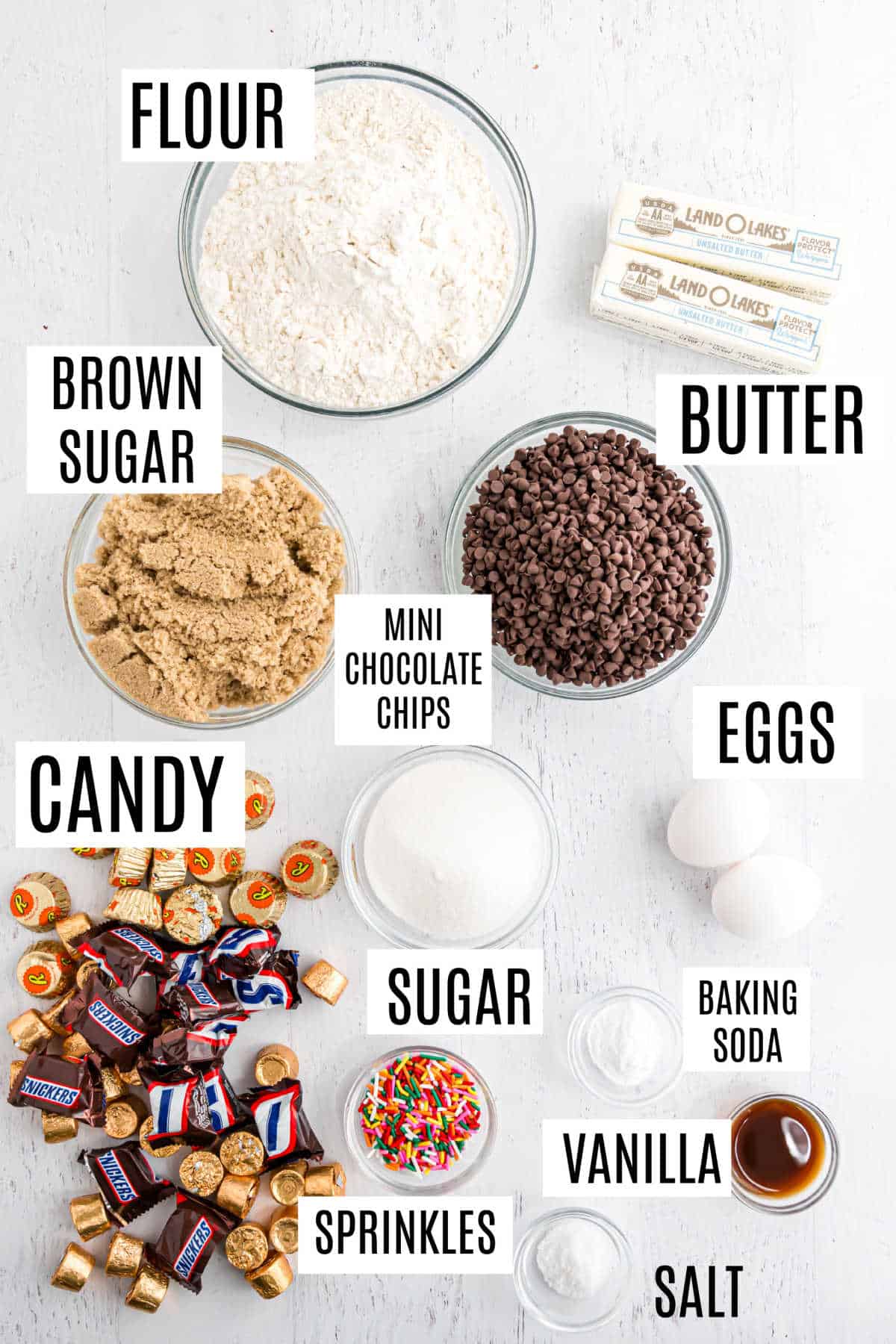 Ingredients needed to make cookie cups with candy.