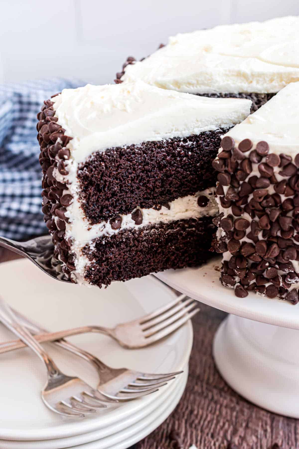 Slice of dark chocolate cake being removed from platter.