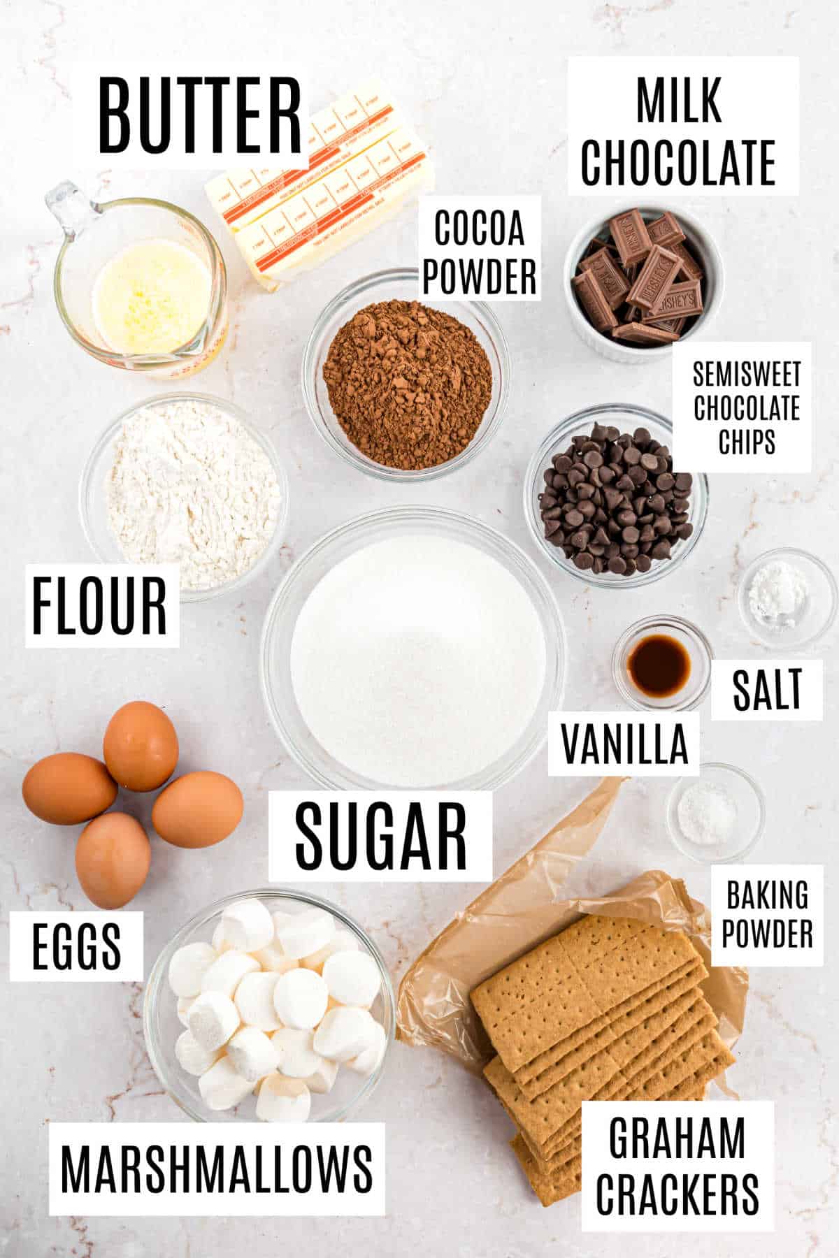 Ingredients needed to make smores brownies.