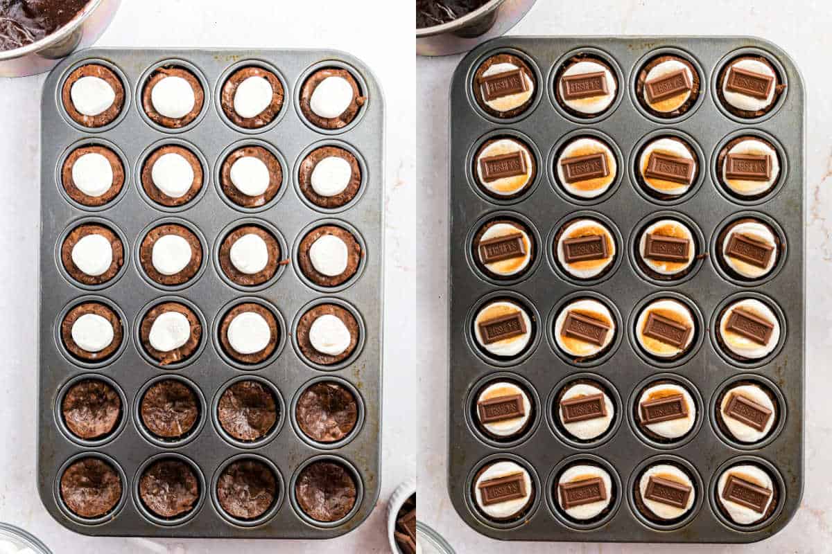 Step by step photos showing how to assemble smores brownie bites.