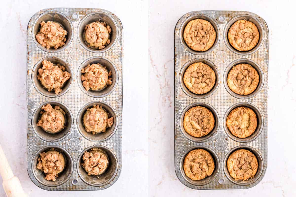 Step by step photos showing how to bake coffee cake cookies in a muffin tin.