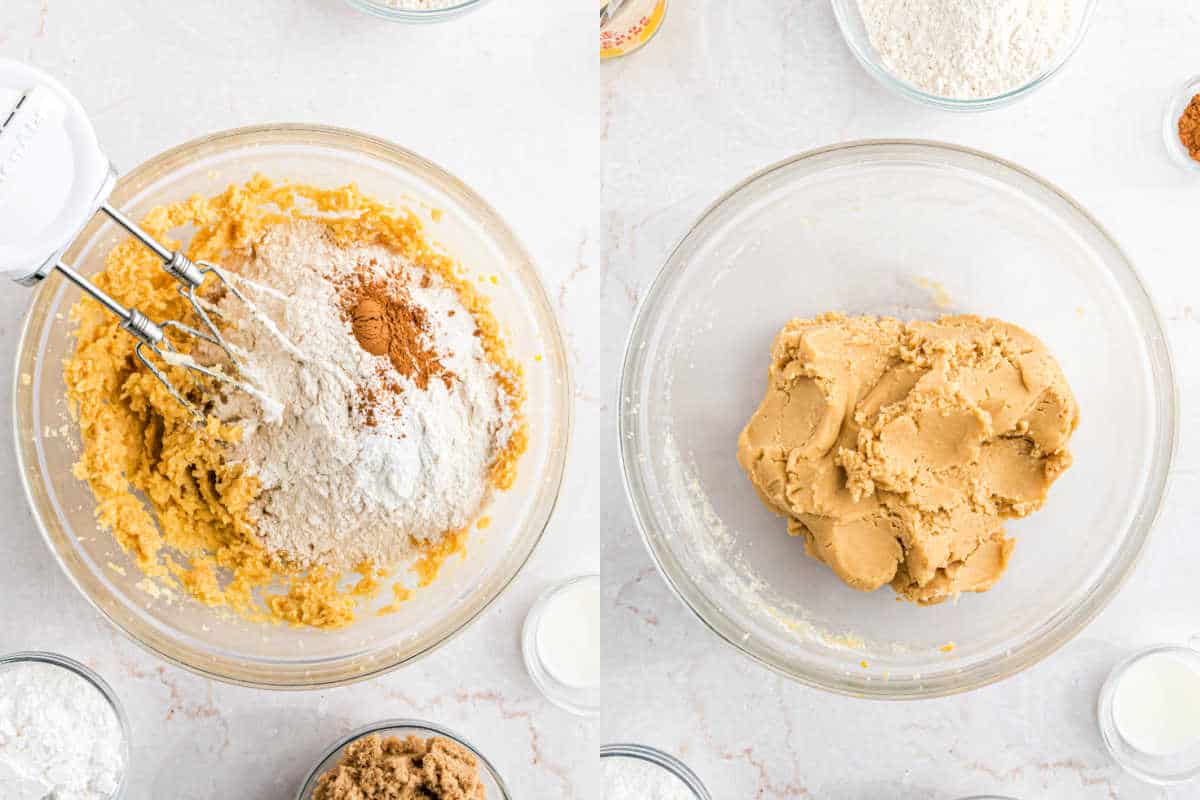 Step by step photos showing how to make coffee cake cookie dough.