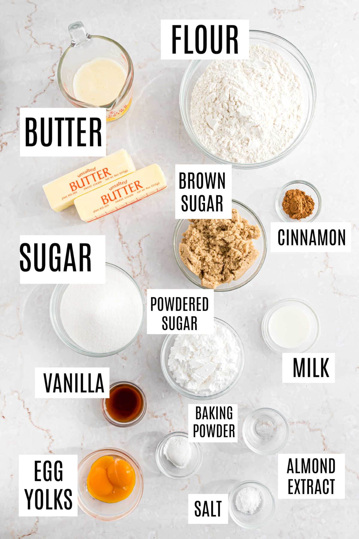 Ingredients needed to make coffee cake cookies.