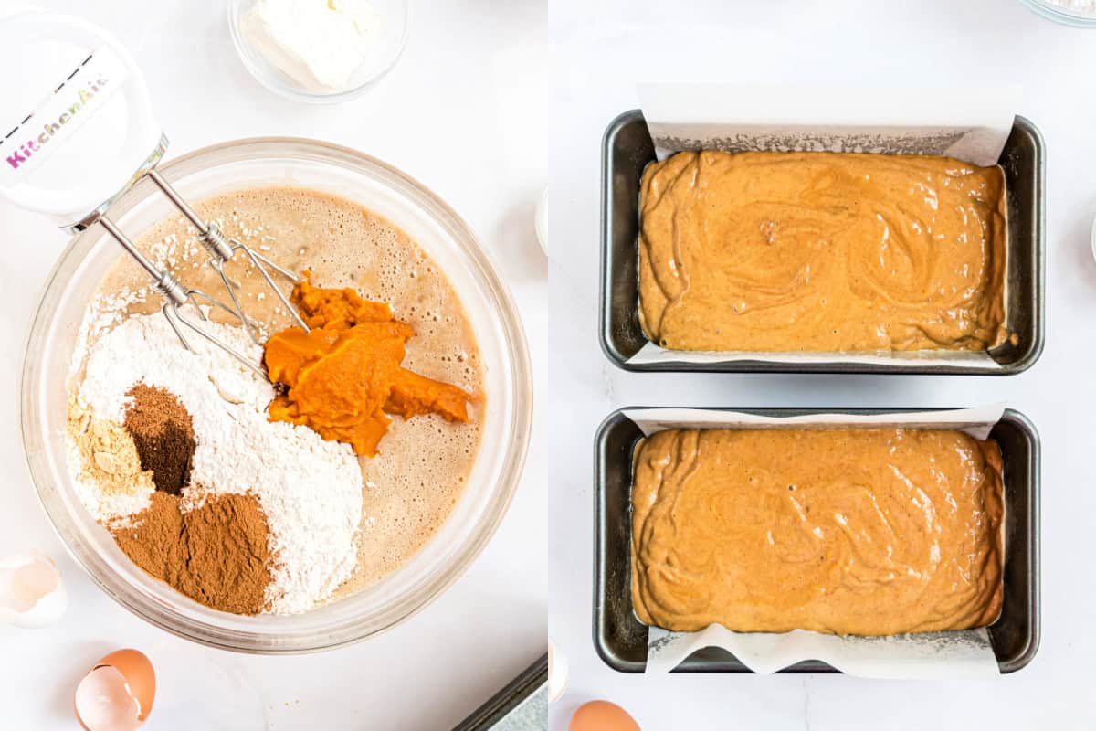 Step by step photos showing how to make pumpkin bread batter.