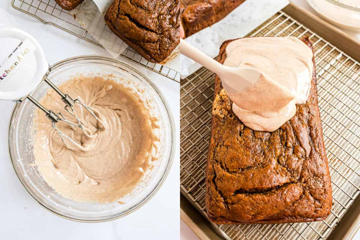 Step by step photos showing how to frost banana bread.