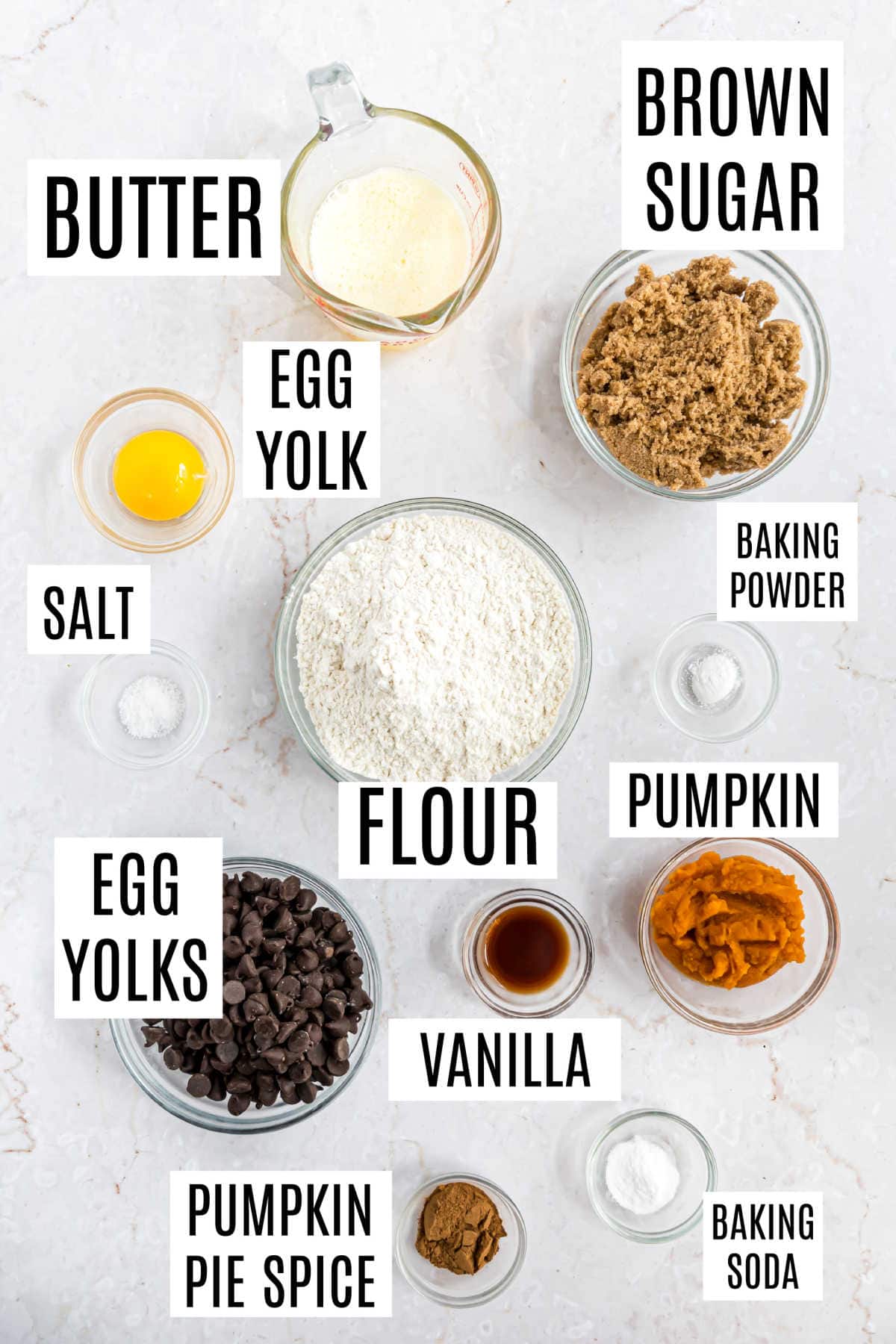 Ingredients needed to make pumpkin cookies with chocolate chips.