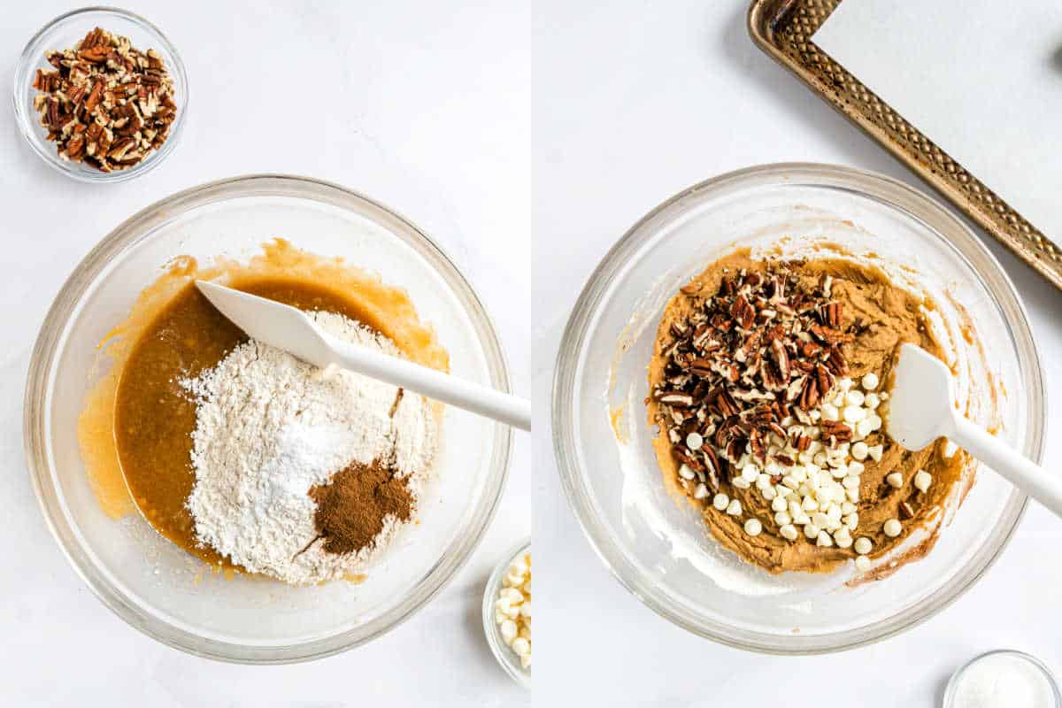 Step by step photos showing how to make pumpkin cookie dough.