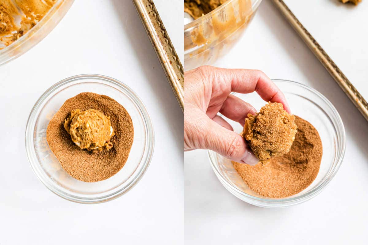 Step by step photos showing how to make pumpkin cookies rolled in cinnamon sugar.