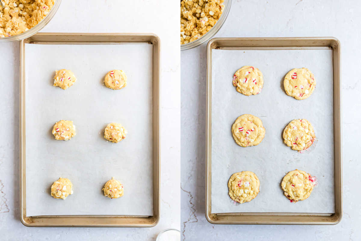 Step by step photos showing how to bake white chocolate peppermint cookies.