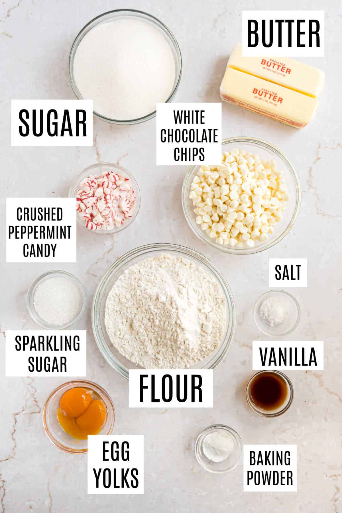 Ingredients needed to make white chocolate peppermint cookies.
