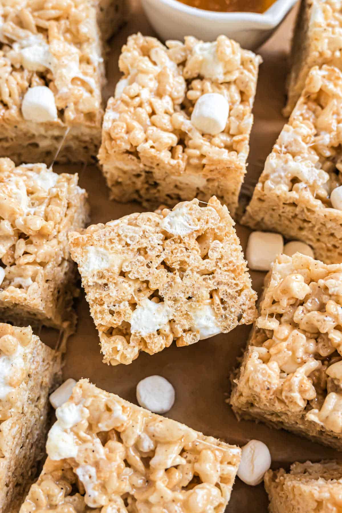 Brown butter krispie treats cut into squares.