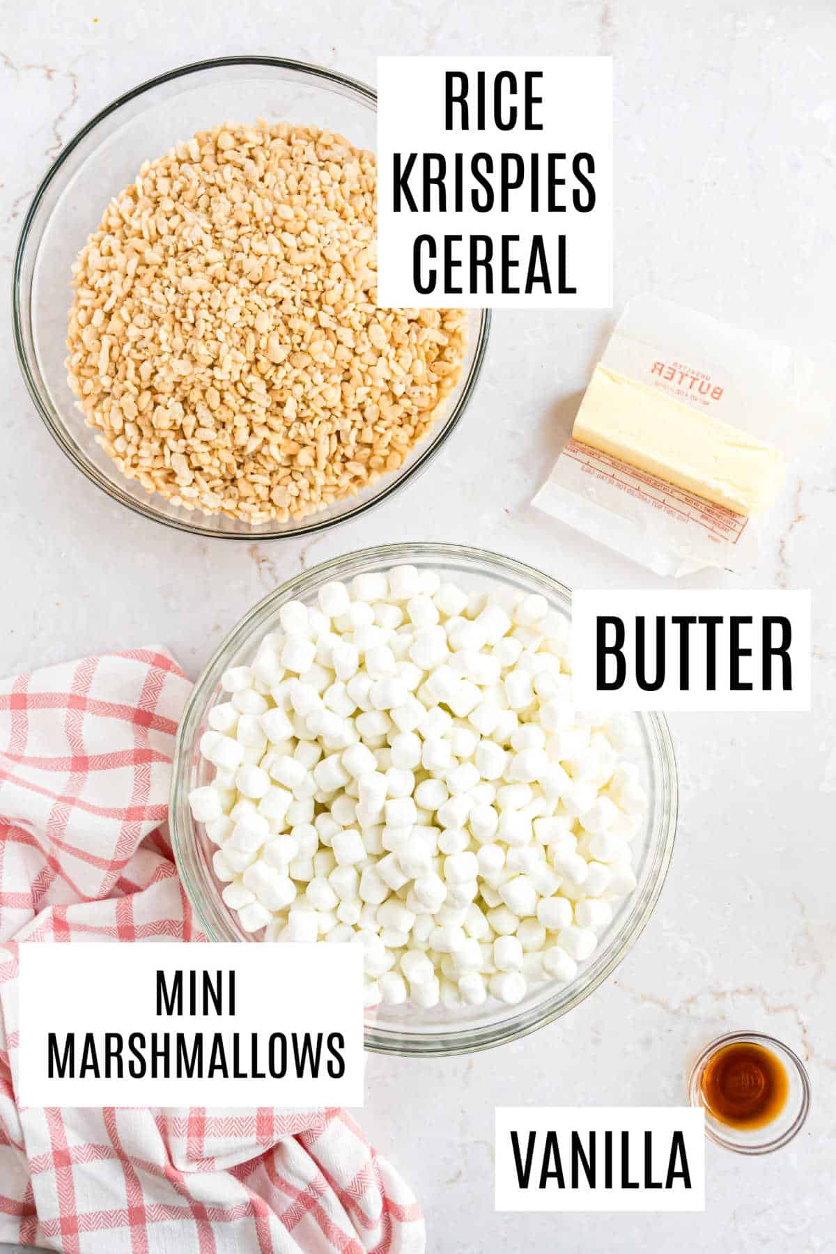 Ingredients needed to make brown butter rice krispie treats.