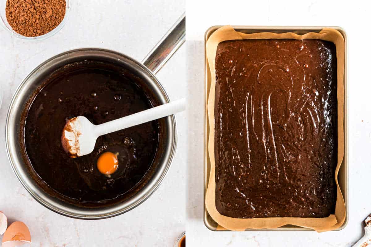 Step by step photos showing how to make the brownie layer of a trifle.