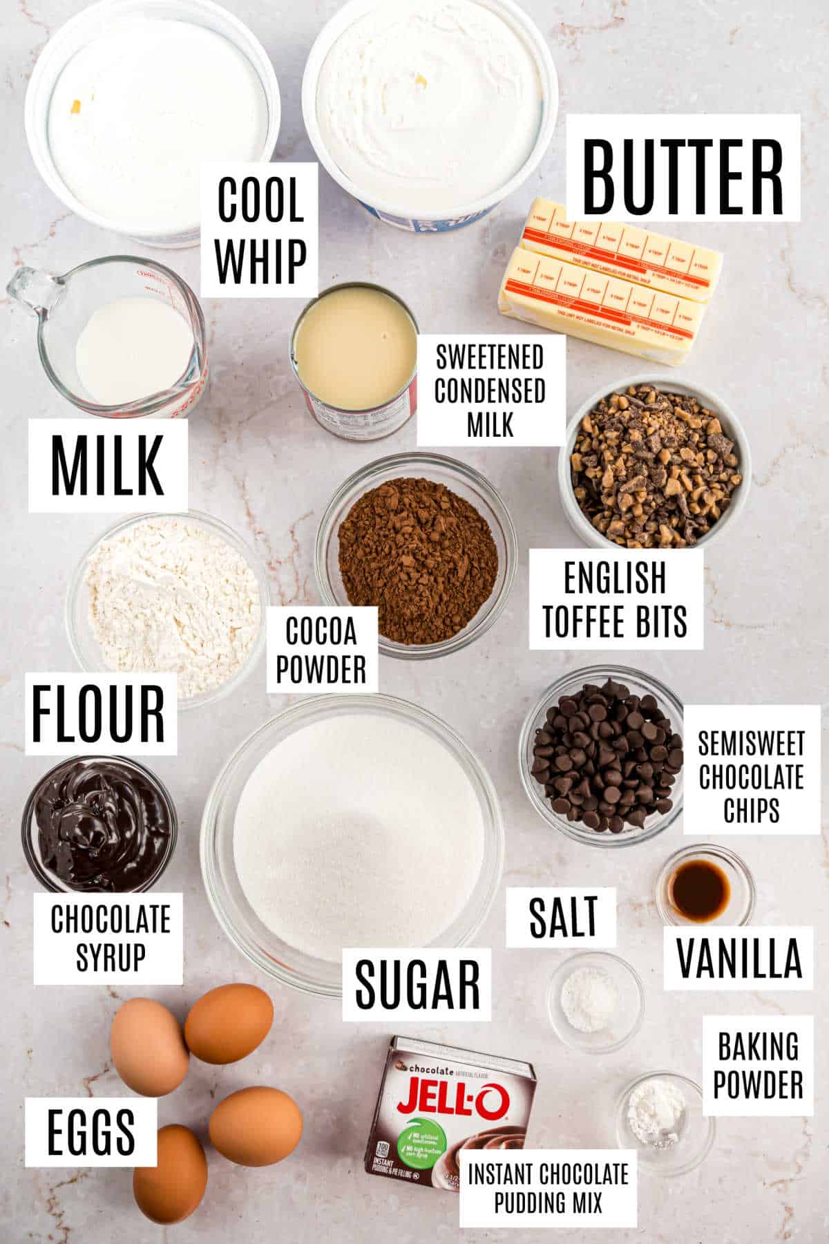 Ingredients needed to make chocolate brownie trifle.