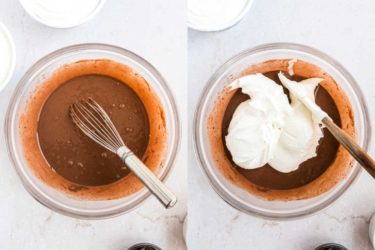 Step by step photos showing how to make chocolate pudding layer.