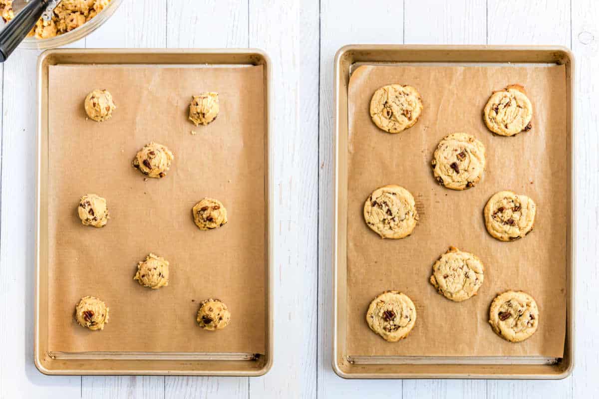 Step by step photos showing how to make butter pecan cookies.