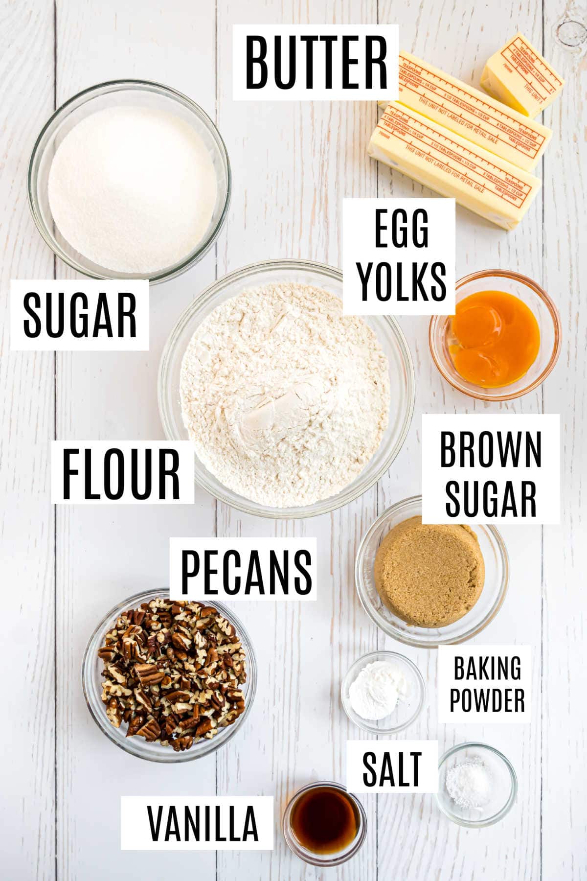 Ingredients needed to make butter pecan cookies.