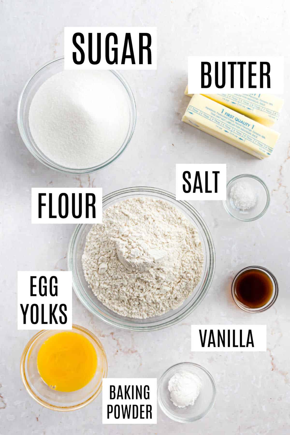 Ingredients needed to make drop sugar cookies.