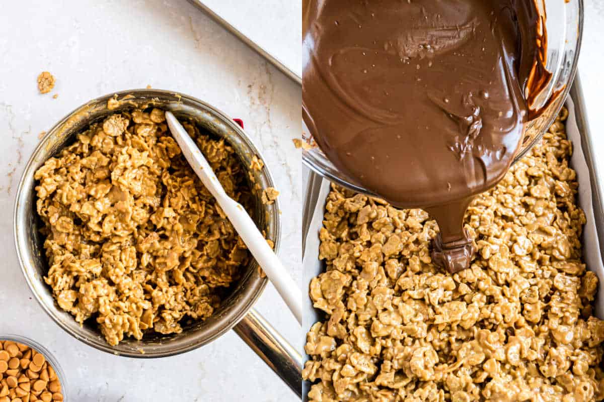 Step by step photos showing how to make special k bars.