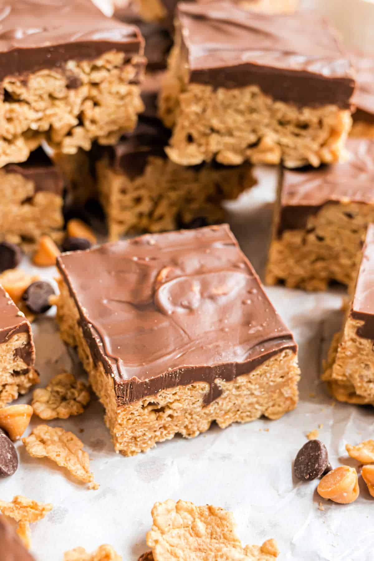 Special K Bars topped with chocolate cut into squares.