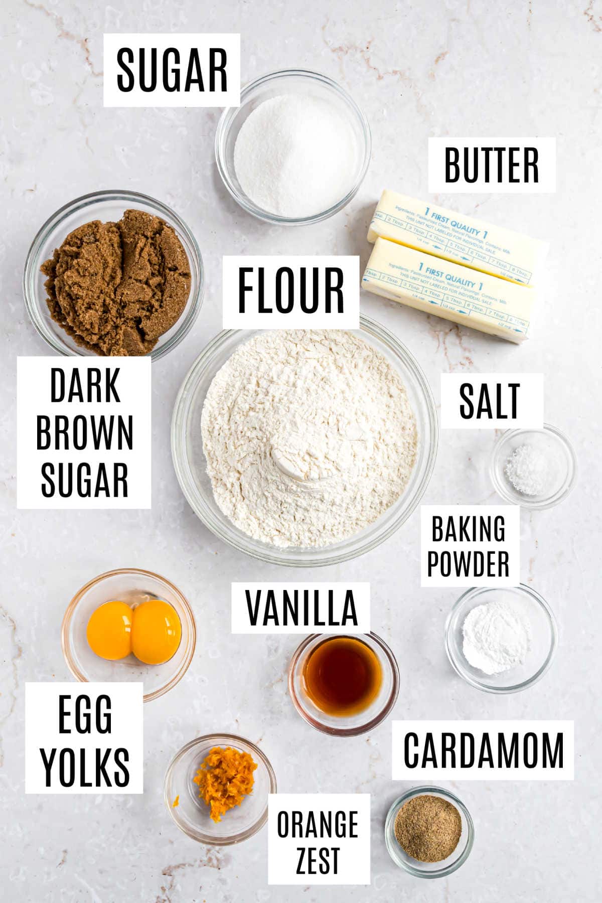 Ingredients needed to make cardamom cookies.