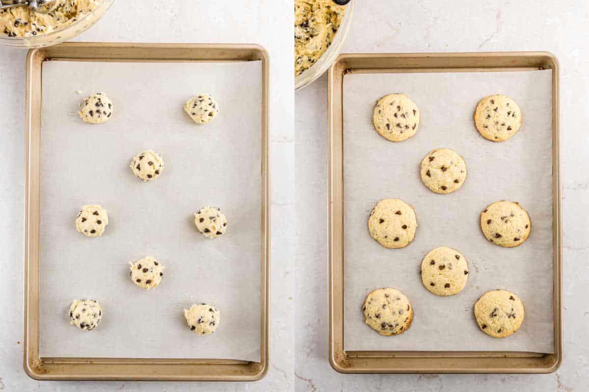 Step by step photos showing how to bake ricotta chocolate chip cookies.