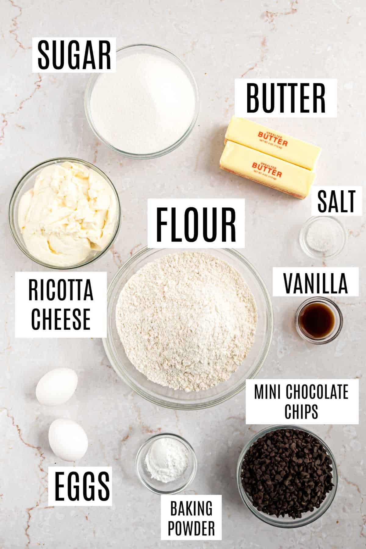 Ingredients needed to make chocolate chip ricotta cookies.