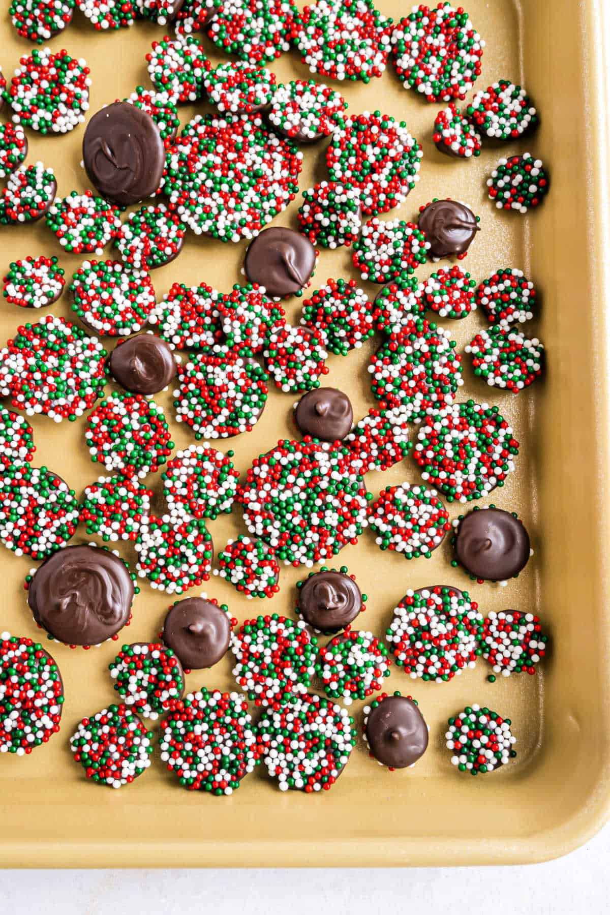 Christmas chocolate nonpareils in a baking dish.