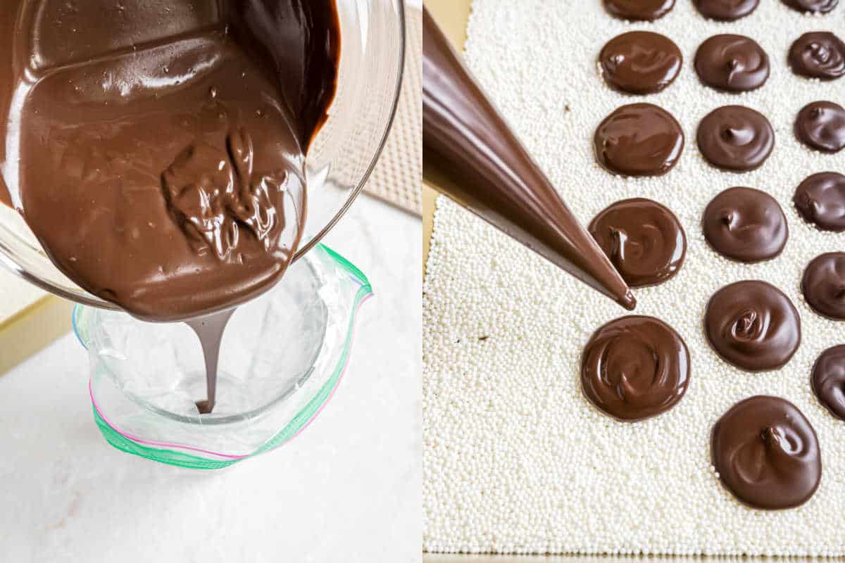 Step by step photos showing how to make chocolate nonpareils.