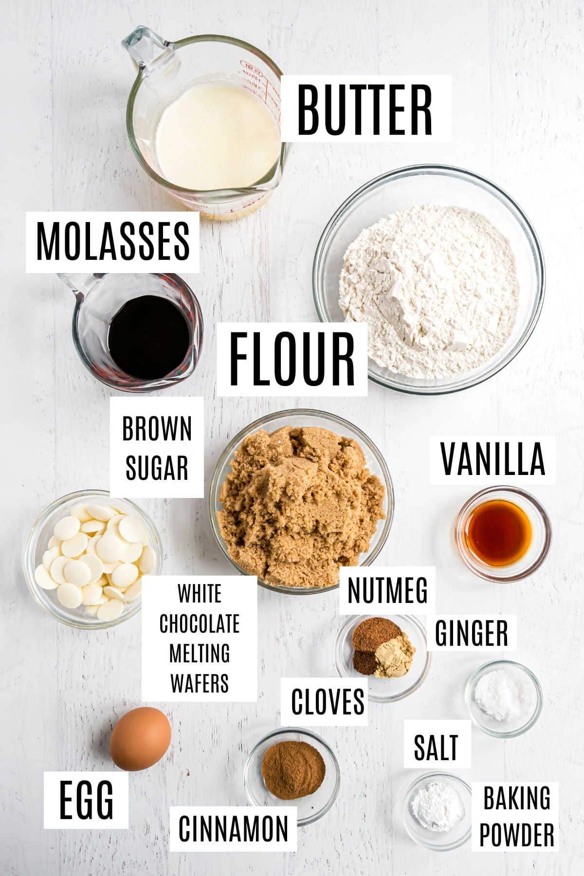 Ingredients needed to make gingerbread blondies with icing.