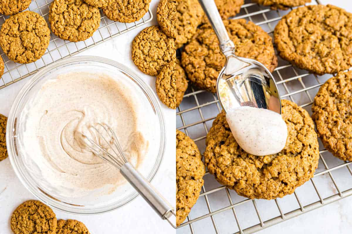 Step by step photos showing how to ice gingerbread oatmeal cookies.