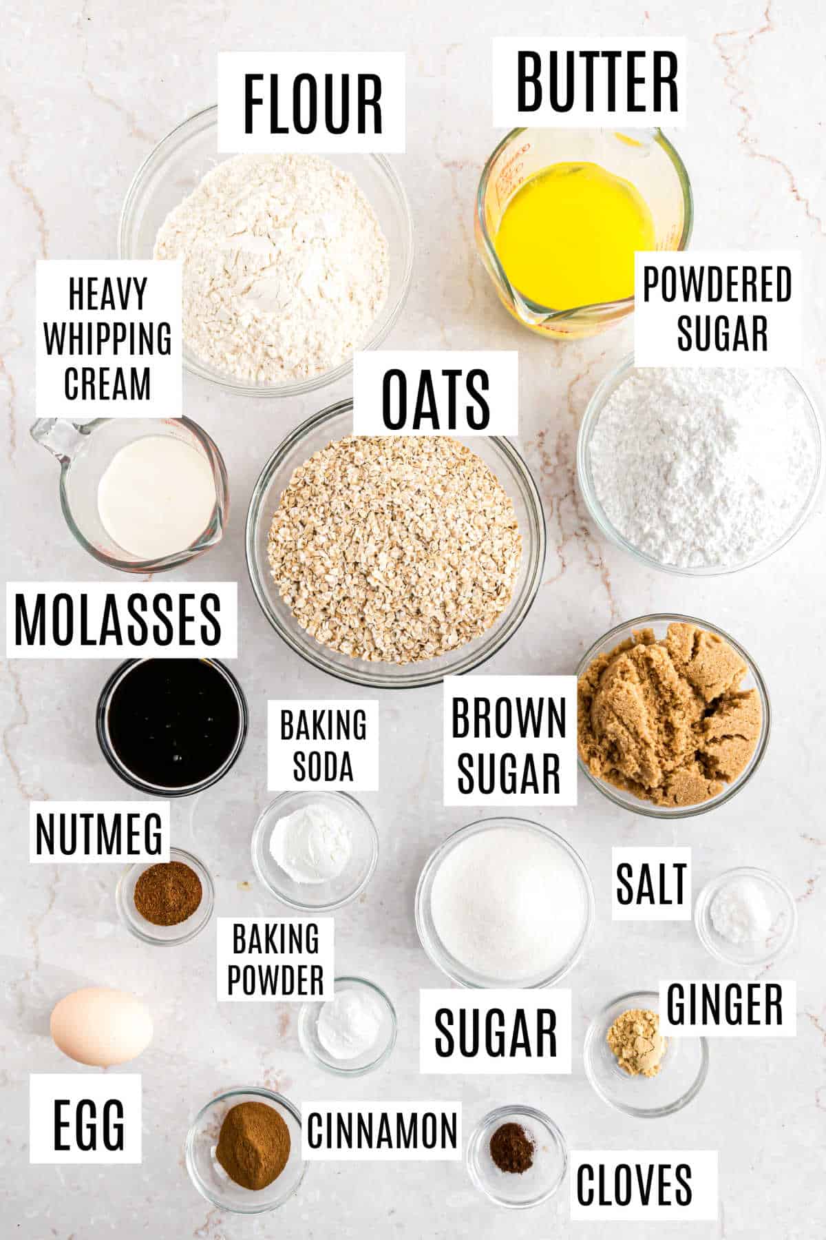 Ingredients needed to make iced gingerbread oatmeal cookies.