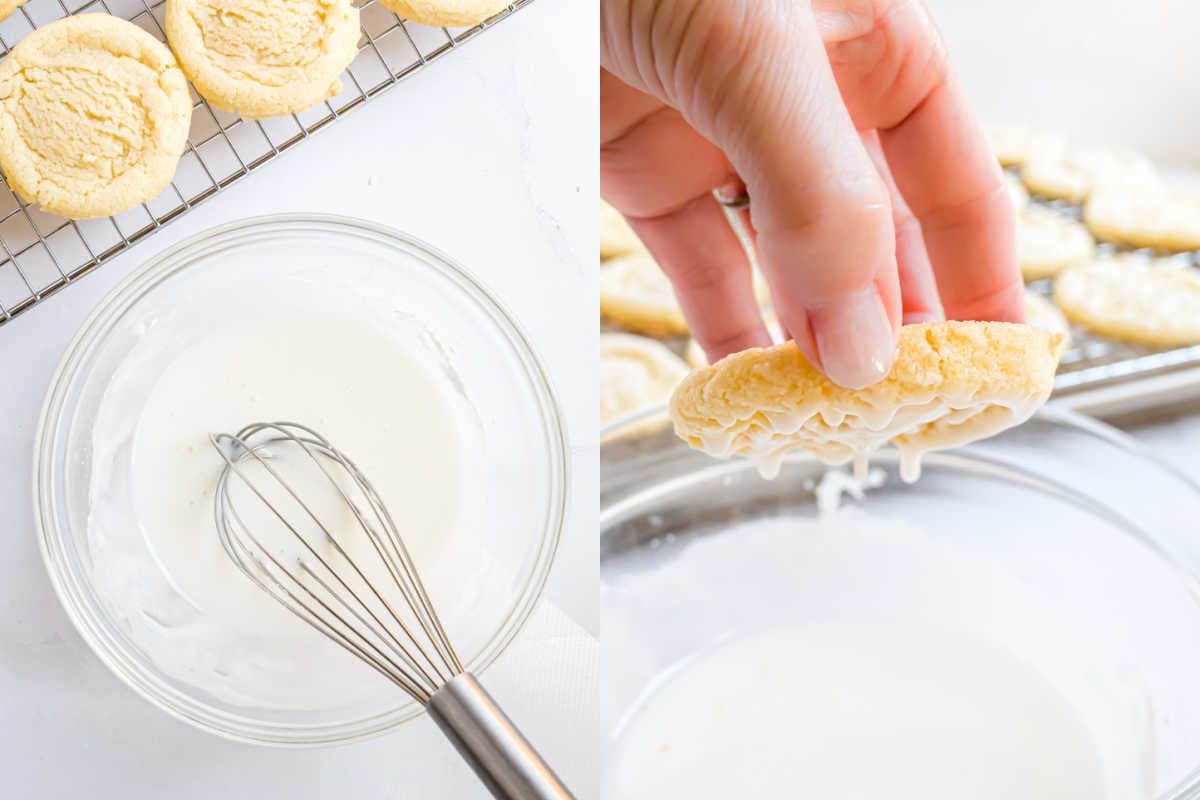 Step by step photos showing how to add glaze to cookies.