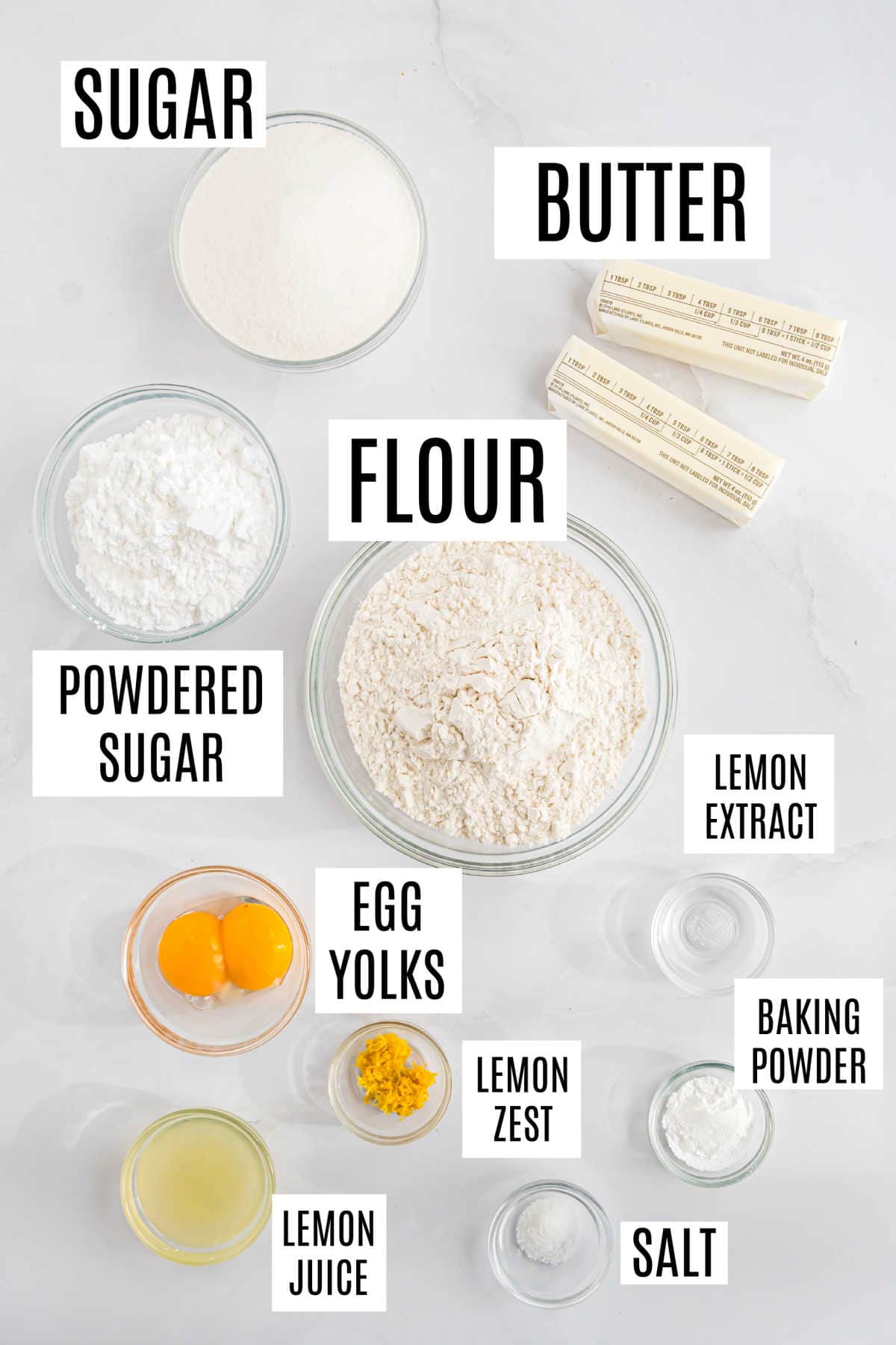 Ingredients needed to make lemon drop cookies.