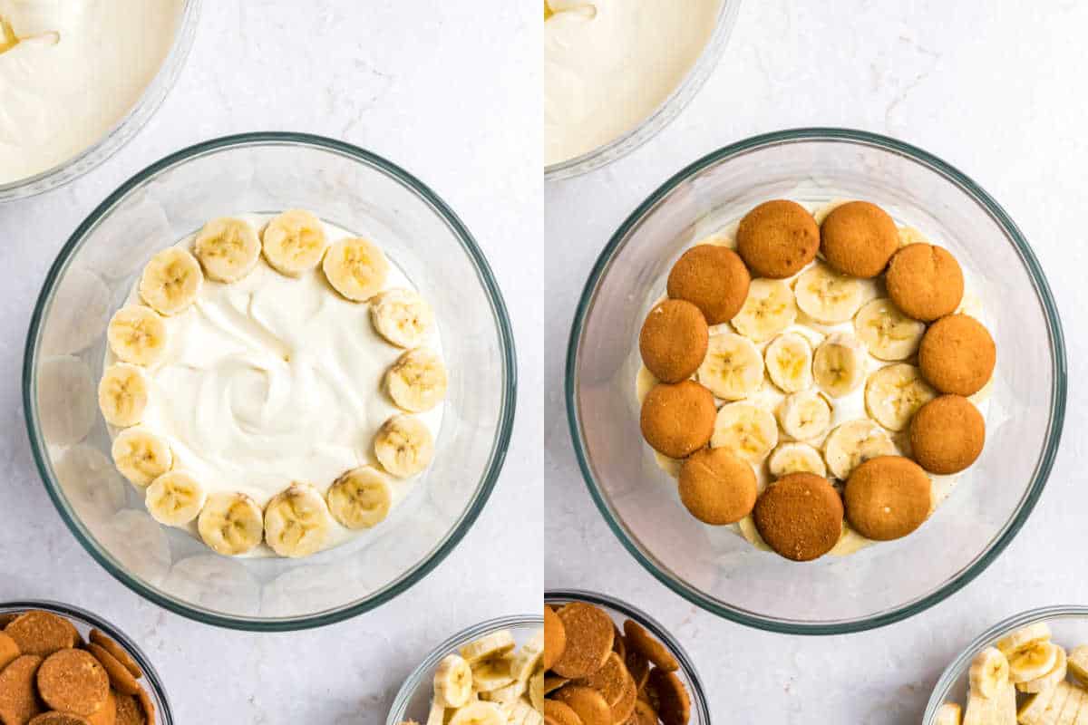 Step by step photos showing how to assemble banana pudding.