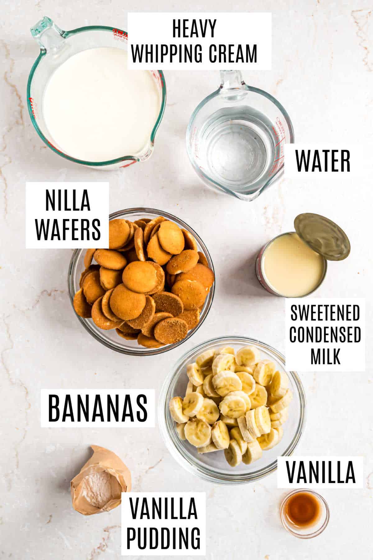 Ingredients needed to make banana pudding.