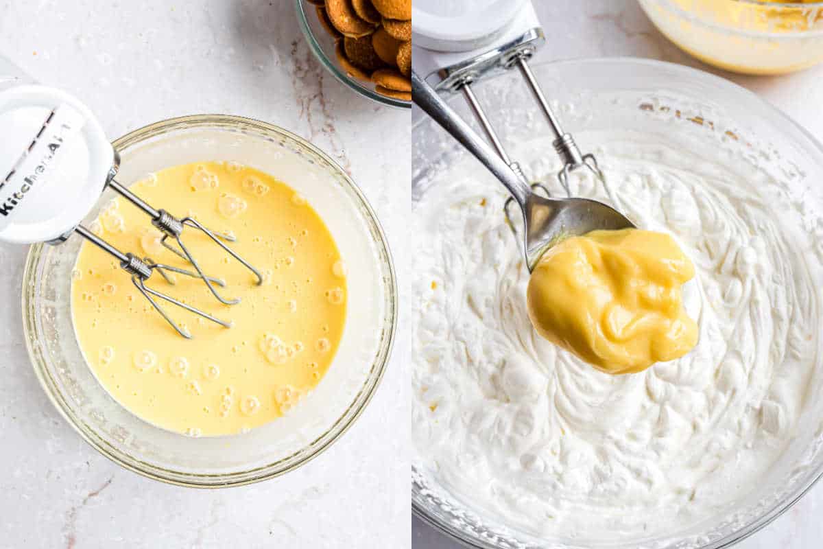 Step by step photos showing how to make banana pudding.